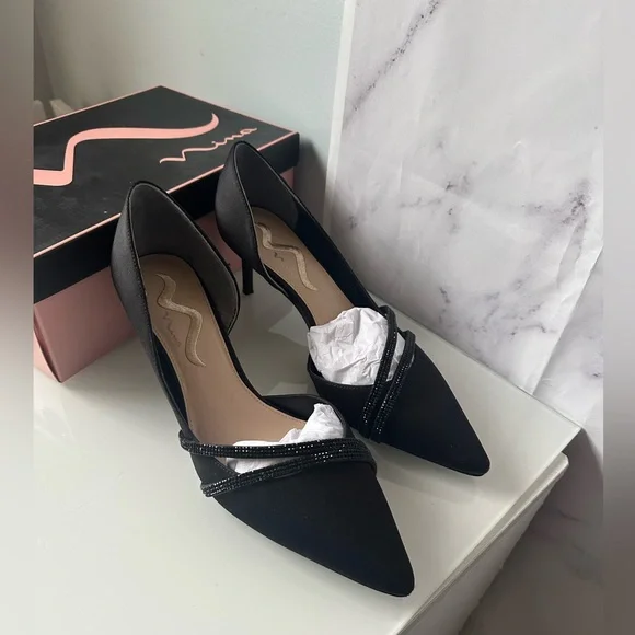 NINA - NEVIN LS BLACK LUSTER HEELS RHINESTONE DETAIL WOMENS SIZE 11 NEW IN BOX - Picture 3 of 8